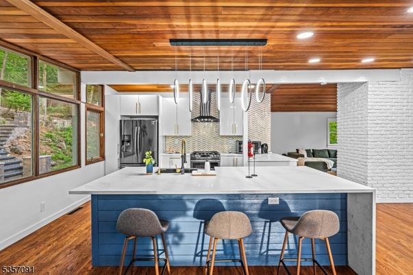 Interior, Kitchen, Pendant Lights, Recessed Lighting, Stainless Steel Appliances, Wooden Ceilings, Wood Texture Flooring