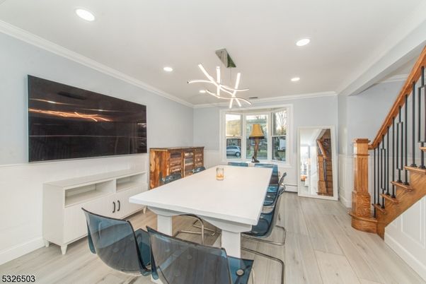 Dining room, Interior, Pendant Lights, Recessed Lighting, Wood Texture Flooring