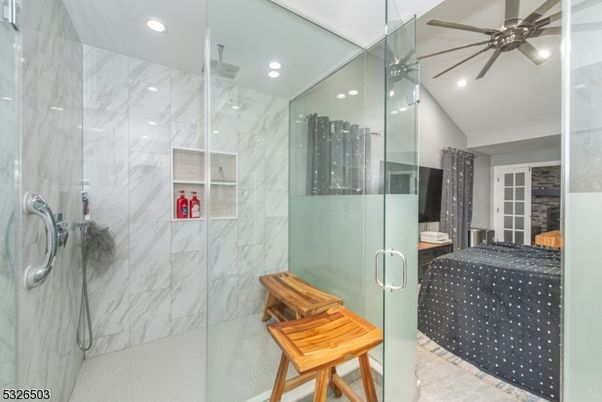 Bathroom, Glass Shower, Interior, Marble Walls, Recessed Lighting