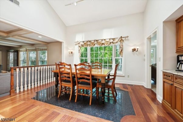 Dining room, Interior, Recessed Lighting, Wood Texture Flooring