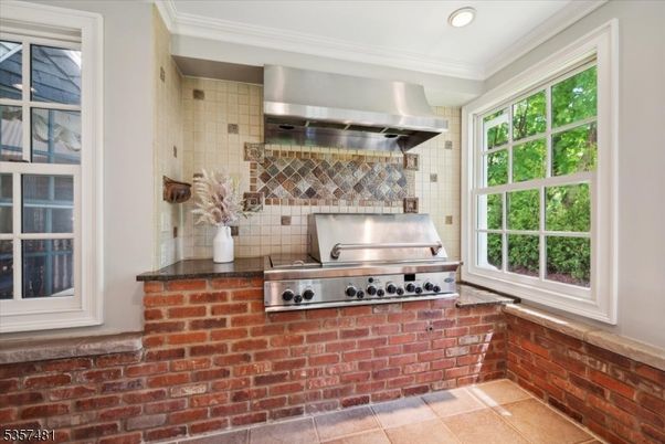 Interior, Kitchen, Recessed Lighting, Stainless Steel Appliances, Stone Walls