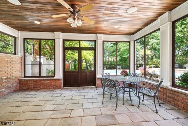 Dining room, Interior, Recessed Lighting, Stone Walls, Sun Room, Wooden Ceilings