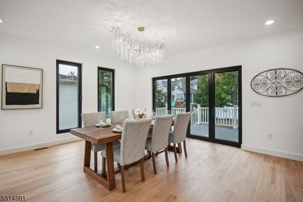 Chandelier, Dining room, Interior, Recessed Lighting, Wood Texture Flooring