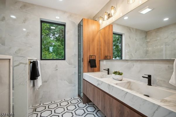 Bathroom, Glass Shower, Interior, Marble Walls, Recessed Lighting