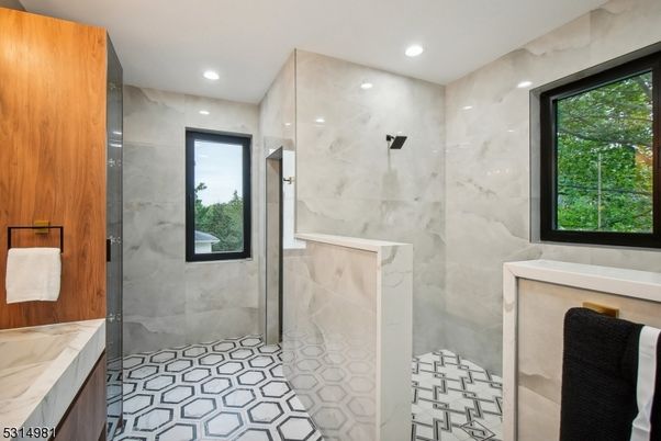 Bathroom, Glass Shower, Interior, Marble Walls, Recessed Lighting