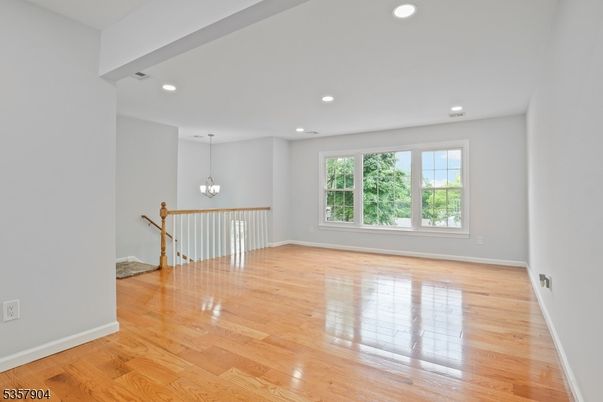 Chandelier, Empty room, Interior, Recessed Lighting, Wood Texture Flooring