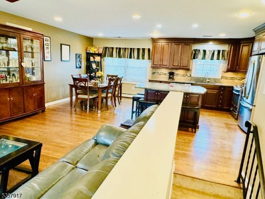 Dining room, Interior, Kitchen, Living room, Recessed Lighting, Wood Texture Flooring