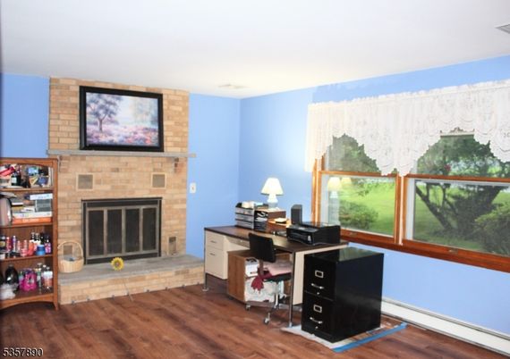 Fireplace, Home Office, Interior, Stone Walls, Wood Texture Flooring