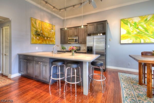 Interior, Kitchen, Pendant Lights, Stainless Steel Appliances, Wood Texture Flooring