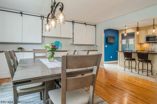 Dining room, Interior, Kitchen, Pendant Lights, Wood Texture Flooring