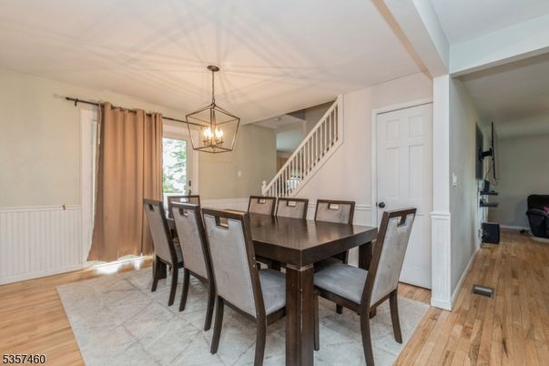 Dining room, Interior, Pendant Lights, Wood Texture Flooring