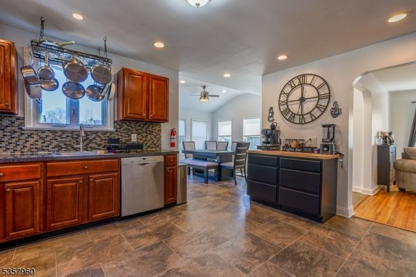 Dining room, Interior, Kitchen, Recessed Lighting, Stainless Steel Appliances, Wood Texture Flooring