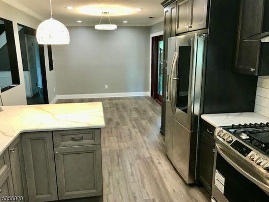 Interior, Kitchen, Pendant Lights, Recessed Lighting, Stainless Steel Appliances, Wood Texture Flooring