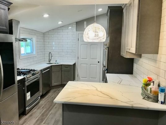 Interior, Kitchen, Pendant Lights, Recessed Lighting, Stainless Steel Appliances, Wood Texture Flooring