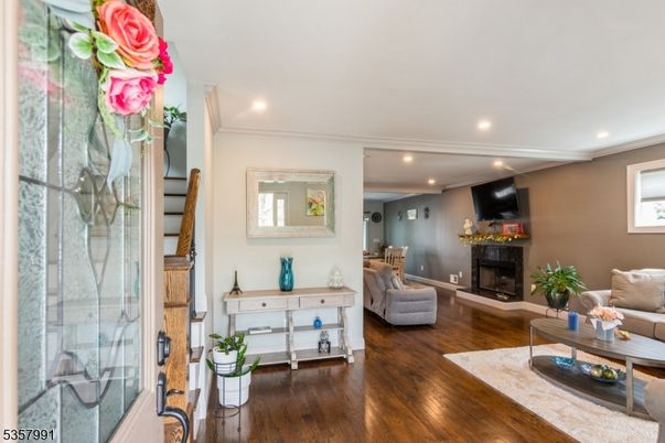 Fireplace, Interior, Living room, Recessed Lighting, Wood Texture Flooring