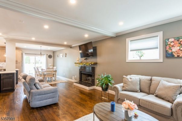 Dining room, Fireplace, Interior, Kitchen, Living room, Pendant Lights, Recessed Lighting, Wood Texture Flooring