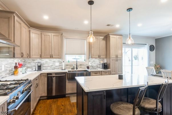 Interior, Kitchen, Pendant Lights, Recessed Lighting, Stainless Steel Appliances, Wood Texture Flooring