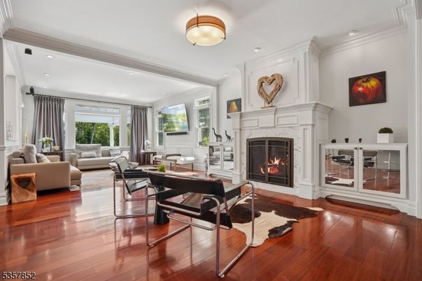 Fireplace, Home Office, Interior, Living room, Recessed Lighting, Wood Texture Flooring