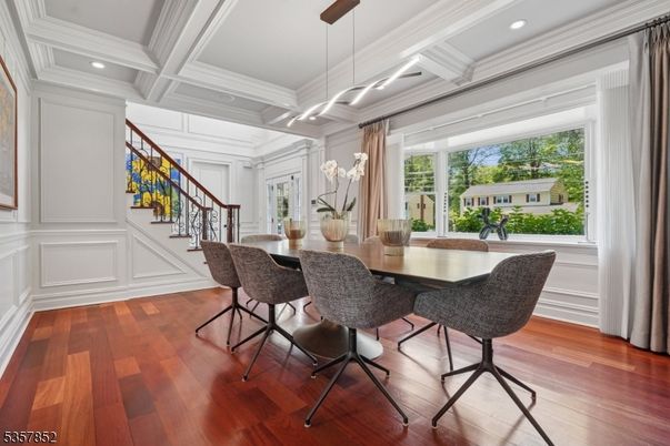 Dining room, Interior, Pendant Lights, Recessed Lighting, Wood Texture Flooring