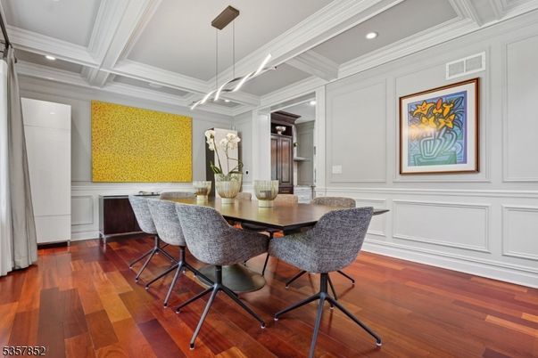 Dining room, Interior, Pendant Lights, Recessed Lighting, Wood Texture Flooring
