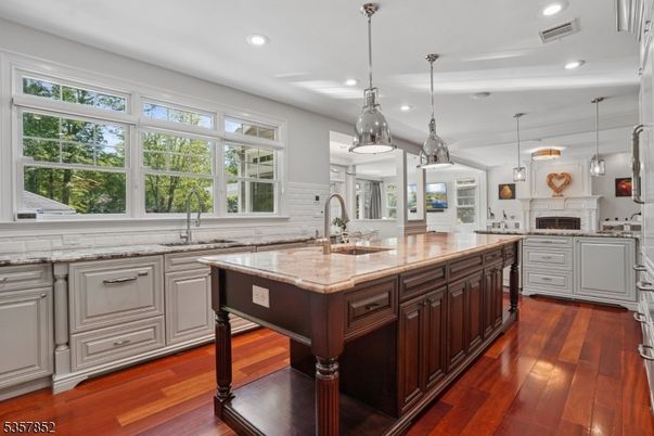 Fireplace, Interior, Kitchen, Pendant Lights, Recessed Lighting, Wood Texture Flooring
