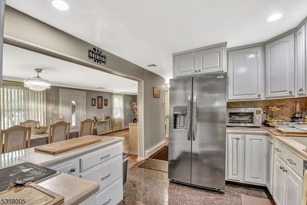 Chandelier, Interior, Kitchen, Recessed Lighting, Stainless Steel Appliances, Wood Texture Flooring