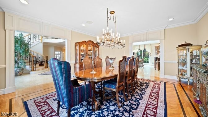 Chandelier, Dining room, Interior, Recessed Lighting, Wood Texture Flooring