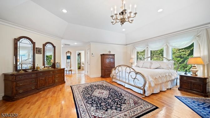 Bedroom, Chandelier, Interior, Recessed Lighting, Wood Texture Flooring