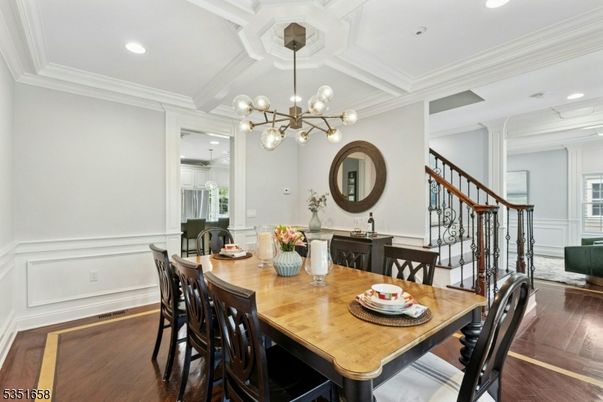 Dining room, Interior, Pendant Lights, Recessed Lighting, Wood Texture Flooring
