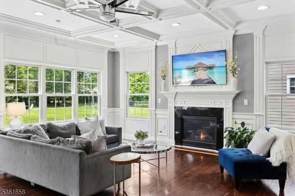 Fireplace, Interior, Living room, Recessed Lighting, Wood Texture Flooring