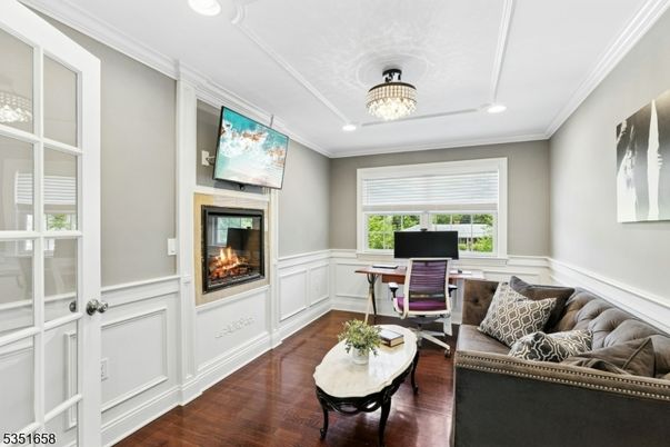 Chandelier, Fireplace, Home Office, Interior, Recessed Lighting, Wood Texture Flooring