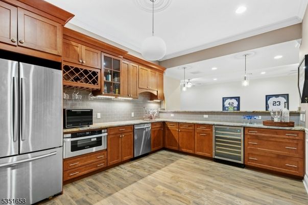 Interior, Kitchen, Pendant Lights, Recessed Lighting, Stainless Steel Appliances, Wood Texture Flooring
