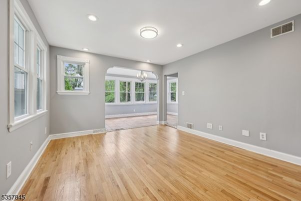 Chandelier, Empty room, Interior, Recessed Lighting, Wood Texture Flooring