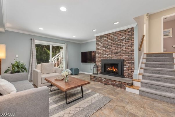 Fireplace, Interior, Living room, Recessed Lighting, Stone Walls