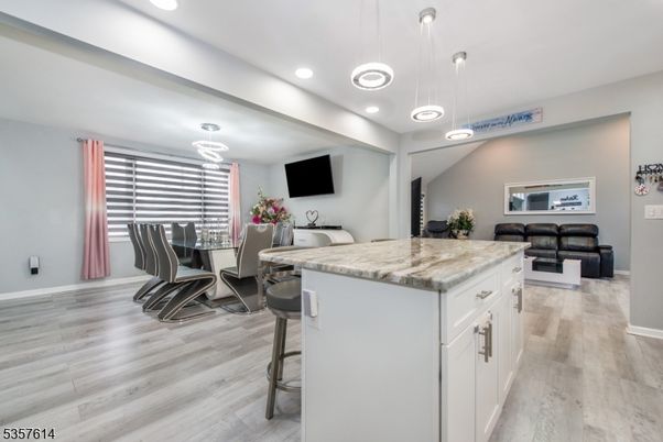 Dining room, Interior, Living room, Pendant Lights, Recessed Lighting, Wood Texture Flooring