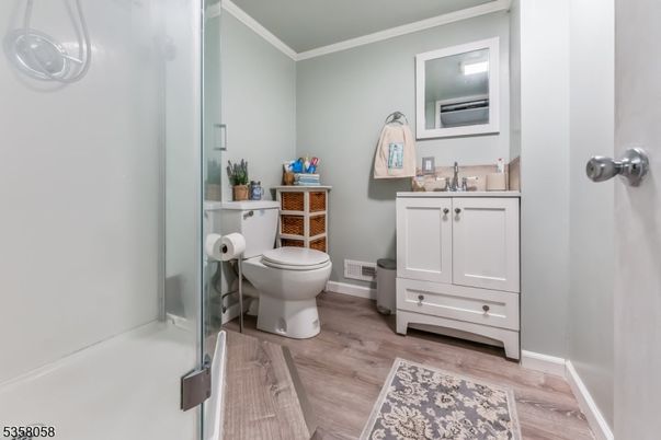 Bathroom, Glass Shower, Interior, Wood Texture Flooring