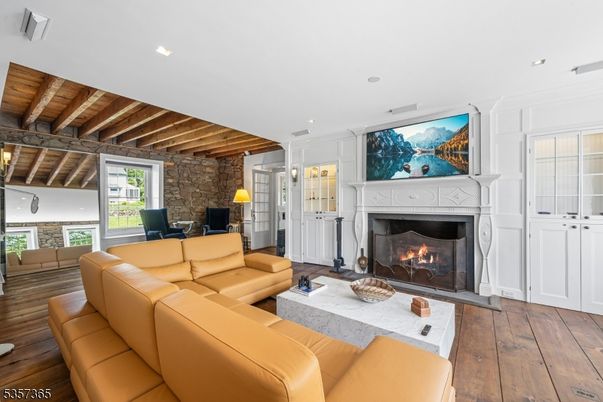 Fireplace, Interior, Living room, Recessed Lighting, Stone Walls, Wooden Beams, Wooden Ceilings, Wood Texture Flooring