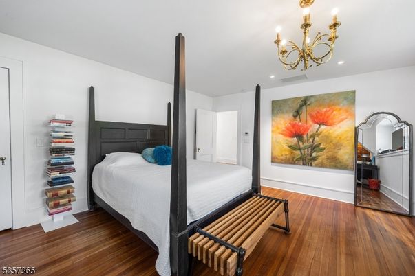 Bedroom, Chandelier, Interior, Recessed Lighting, Wood Texture Flooring