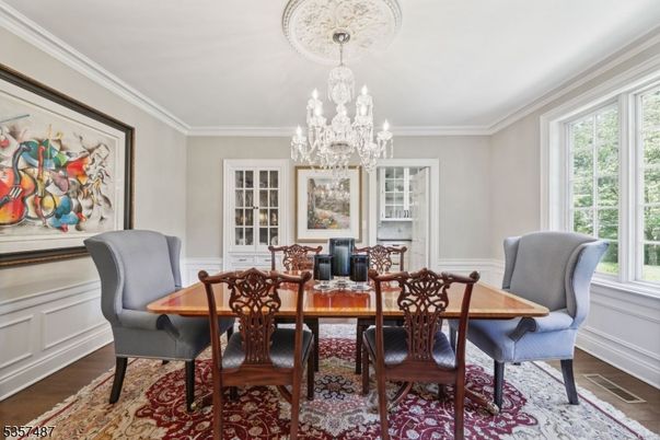 Chandelier, Dining room, Interior, Wood Texture Flooring