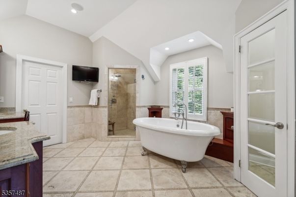 Bathroom, Free Standing Baths, Glass Shower, Interior, Recessed Lighting