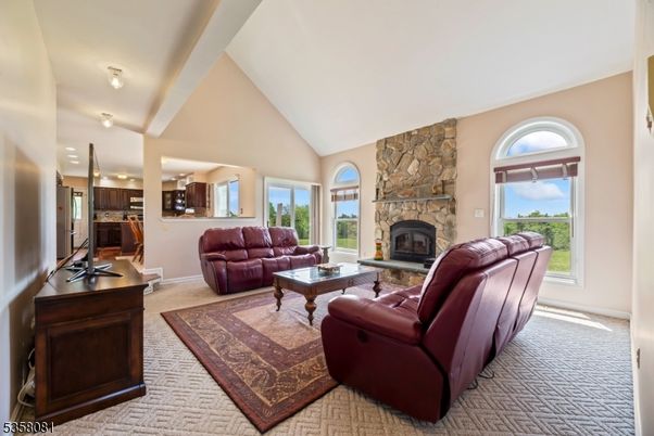 Fireplace, Interior, Kitchen, Living room, Recessed Lighting, Stone Walls