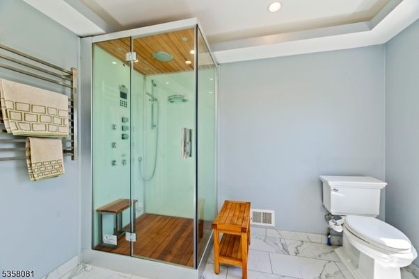Bathroom, Glass Shower, Interior, Marble, Recessed Lighting, Wood Texture Flooring