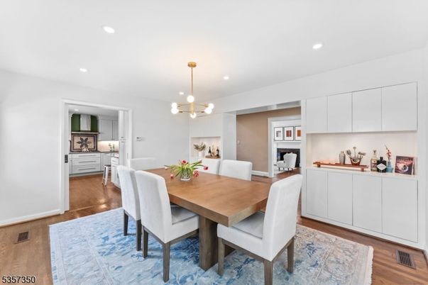 Dining room, Interior, Pendant Lights, Recessed Lighting, Wood Texture Flooring