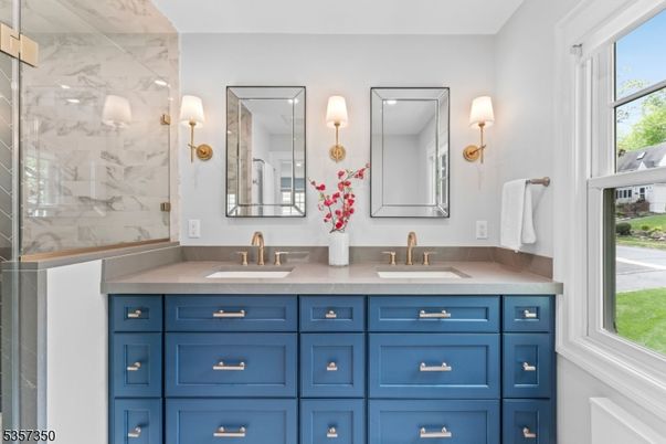 Bathroom, Dual Sink Vanities, Glass Shower, Interior, Marble Walls