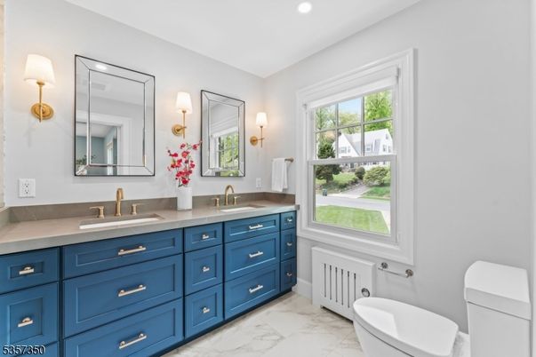 Bathroom, Dual Sink Vanities, Interior, Marble, Recessed Lighting