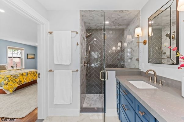 Bathroom, Bedroom, Glass Shower, Interior, Marble, Marble Walls, Recessed Lighting