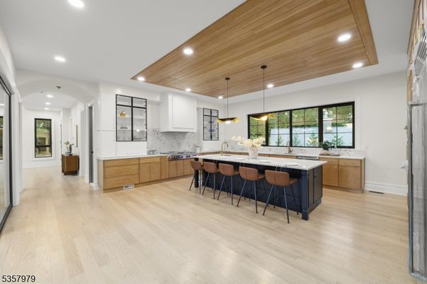 Interior, Kitchen, Marble Walls, Pendant Lights, Recessed Lighting, Wooden Ceilings, Wood Texture Flooring