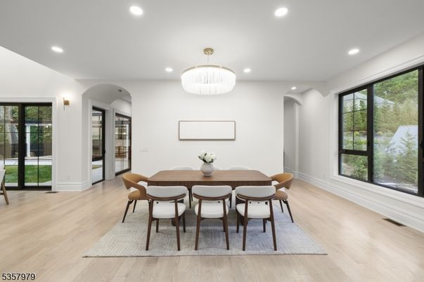Chandelier, Dining room, Interior, Recessed Lighting, Wood Texture Flooring