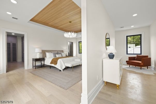 Bedroom, Interior, Pendant Lights, Recessed Lighting, Wooden Ceilings, Wood Texture Flooring
