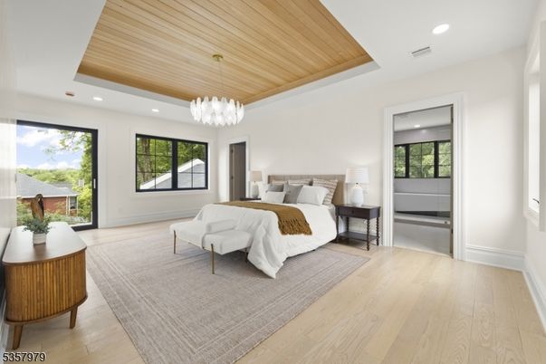 Bedroom, Interior, Pendant Lights, Recessed Lighting, Wooden Ceilings, Wood Texture Flooring